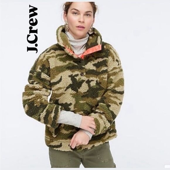 J.Crew Camo Sherpa Snap Collar Fleece Pullover SZ M - Picture 1 of 8